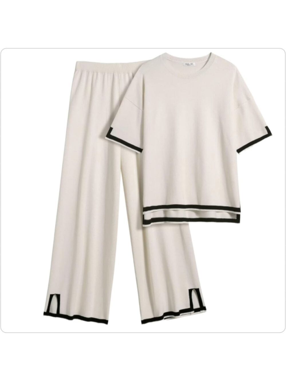 EKOUAER 2 PIECE KNIT LOUNGEWEAR SET CREAM BLACK WIDE LEG SHORT SLEEVE NWT XL - Picture 1 of 9